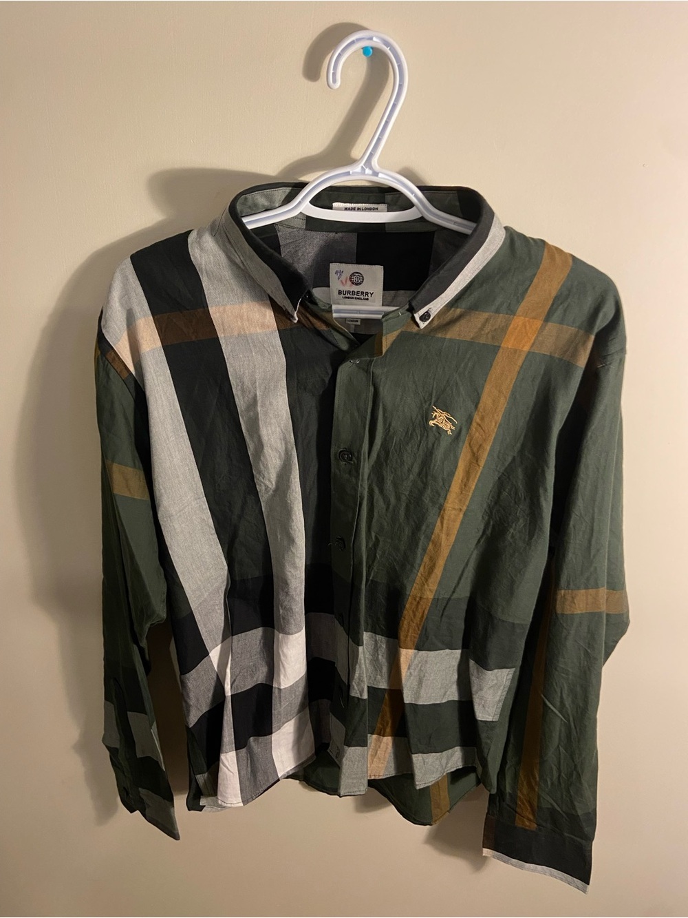 Burberry Men's Green Plaid Button-Down Shirt with Tan & Black Accents